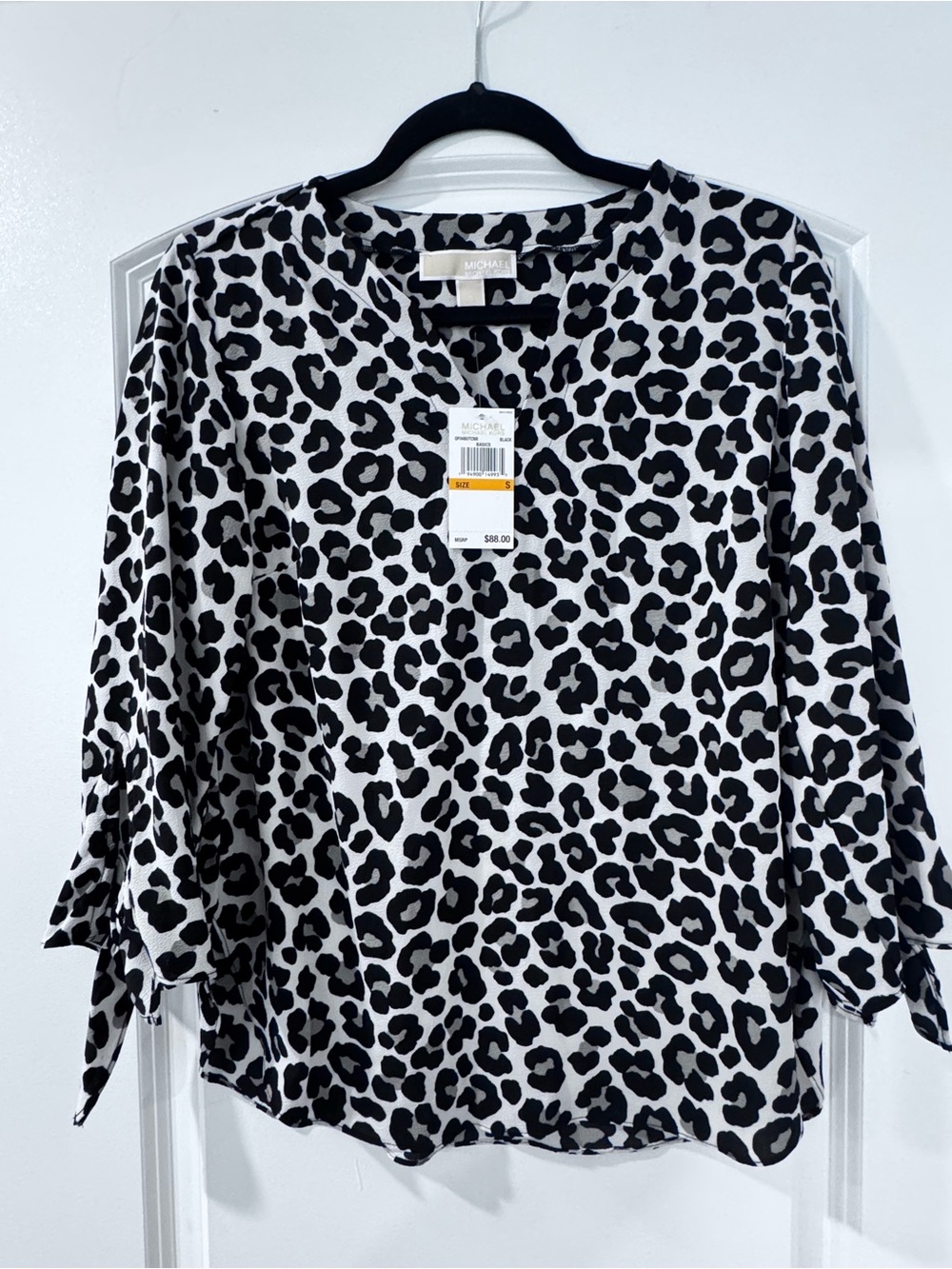 Michael Kors Black & White Leopard V-Neck Tie-Sleeve Blouse